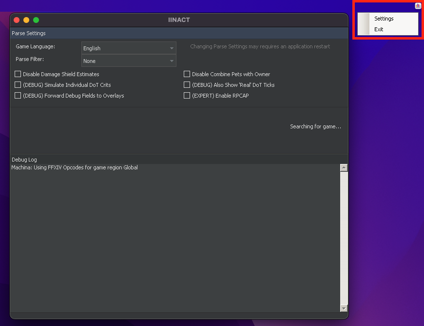 IINACT Settings Menu